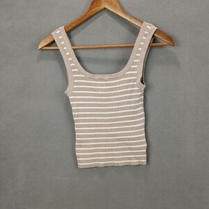 H&M Divided Cropped Tank Top Womens Small Tan White Striped Ribbed Knit Slim Fit